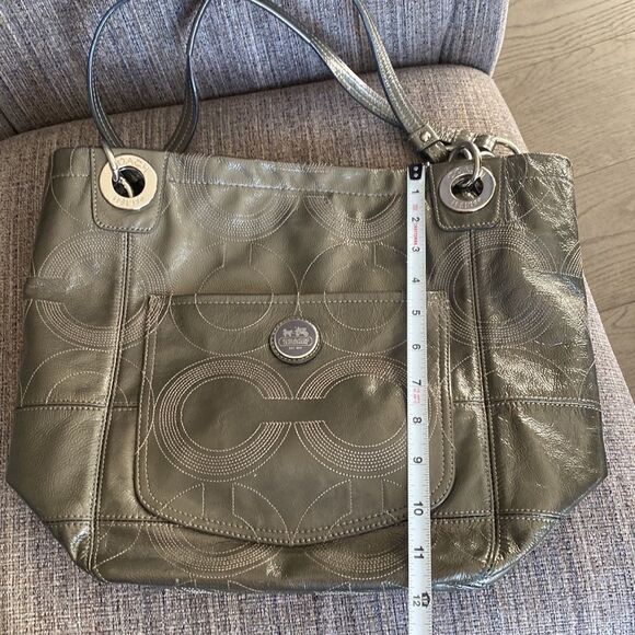 Coach Women’s Patent Leather Gray Stitched Monogram Top Zip Shoulder Handbag - Picture 8 of 16